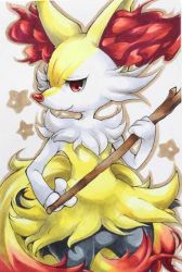 Rule 34 | animal ear fluff, animal nose, bad id, bad pixiv id, braixen, closed mouth, colored pencil (medium), cowboy shot, creatures (company), furry, game freak, gen 6 pokemon, gen 7 pokemon, holding, holding stick, looking at viewer, marker (medium), nintendo, pokemon, pokemon (creature), red eyes, simple background, smile, snout, solo, soma somari, standing, star (symbol), starry background, stick, traditional media, white background