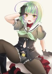 Rule 34 | 1girl, absurdres, ahoge, black footwear, black gloves, black pantyhose, blunt bangs, blush, boots, denim, denim shorts, gloves, green hair, green neckwear, hand on own head, highres, huge filesize, kantai collection, looking at viewer, multicolored hair, navel, open mouth, pantyhose, puffy short sleeves, puffy sleeves, purple hair, sailor collar, short hair, short shorts, short sleeves, shorts, simple background, sitting, solo, streaked hair, take (kancolle), yellow eyes, yunamaro