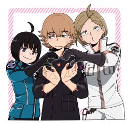 Rule 34 | 1boy, 2girls, ahoge, amatori chika, badge, belt pouch, black gloves, black hair, black jacket, blonde hair, blue jacket, blush, bob cut, border, breast pocket, brown hair, c-rank uniform (world trigger), closed mouth, cowboy shot, cropped legs, crossed bangs, ema yuzuru, flipped hair, gloves, green eyes, hand up, hands up, head tilt, heart, heart hands, heart hands trio, heart in heart hands, height difference, hetero, jacket, kageura squad&#039;s uniform, light brown hair, long sleeves, looking at another, looking at viewer, mikumo squad&#039;s uniform, multiple girls, naenokyuuri (truchmobis), natsume izuho, outside border, outstretched arm, parted bangs, pocket, pouch, puckered lips, purple eyes, side-by-side, sideways glance, smile, uniform, upper body, white jacket, world trigger