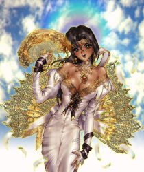Rule 34 | 1girl, :&gt;, black hair, breasts, choker, circlet, cleavage, dark-skinned female, dark skin, dress, evening gown, feathers, hand fan, hand on thigh, jewelry, long hair, open mouth, pendant, shirou masamune, smile, solo