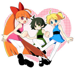 Rule 34 | 3girls, black hair, blonde hair, blossom (ppg), blue eyes, bow, bubbles (ppg), buttercup (ppg), cartoon network, green eyes, grin, hair bow, kiri futoshi, long hair, mary janes, multiple girls, orange hair, pantyhose, ponytail, powerpuff girls, shoes, short hair, siblings, sisters, smile, twintails, upskirt, very long hair, white pantyhose