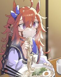 Rule 34 | 1girl, ahoge, ai-generated art (topic), ai drawing anime characters eating ramen (meme), animal ears, bow, bowtie, bright pupils, chopsticks, cup, ear bow, egg (food), food, hair between eyes, headgear, highres, horse ears, horse girl, indoors, long hair, long sleeves, making-of available, mask, meme, messy hair, mouth mask, noodles, orange hair, orfevre (umamusume) (old design), purple bow, purple eyes, purple sailor collar, purple shirt, ramen, reins, sailor collar, sailor shirt, school uniform, shirt, sketch, solo, steam, taisa (h68533631), tracen school uniform, umamusume, upper body, white bow, white bowtie, winter uniform, you&#039;re doing it wrong, yunomi