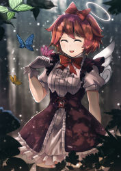 Rule 34 | 1girl, :d, alternate costume, angel wings, black thighhighs, blurry, blurry background, blurry foreground, blush, bow, breasts, brown hair, bug, butterfly, butterfly on hand, closed eyes, commentary, cowboy shot, day, doki doki literature club, dress, facing viewer, forest, frilled dress, frilled skirt, frills, hair bow, hair ornament, halo, hand up, highres, insect, leaf, looking at viewer, maid, medium breasts, nature, open mouth, outdoors, persocon93, puffy sleeves, red bow, ribbon, sayori (doki doki literature club), short hair, short sleeves, skirt, smile, solo, thighhighs, tree, wings, wrist cuffs