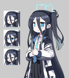 Rule 34 | 1girl, :o, aris (blue archive), black hair, black hairband, black skirt, blue archive, blue eyes, closed eyes, closed mouth, collared shirt, disgaea, expressions, grey background, hair between eyes, hairband, halo, highres, long hair, long sleeves, multiple views, necktie, one side up, open clothes, open mouth, own hands together, parody, parted lips, pleated skirt, sakaguchi (x+1), shirt, simple background, skirt, style parody, sweat, very long hair, white shirt