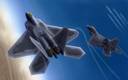 Rule 34 | access games, ace combat, ace combat x, aircraft, airplane, bad id, bad pixiv id, commentary, contrail, dutch angle, f-22, fighter jet, flying, highres, jet, military, military vehicle, no humans, realistic, sky, vehicle focus, yae nagi