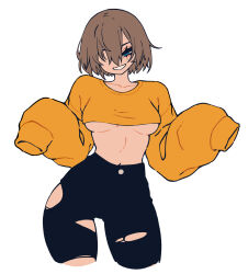 Rule 34 | 1girl, blue eyes, breasts, brown hair, clothes lift, cowboy shot, dayo34, grin, hair over one eye, half-closed eyes, high-waist pants, highres, long sleeves, looking at viewer, medium breasts, mole, mole under eye, no bra, original, pants, short hair, simple background, sleeves past fingers, sleeves past wrists, smile, solo, sweater, sweater lift, torn clothes, torn pants, underboob, white background, yellow sweater