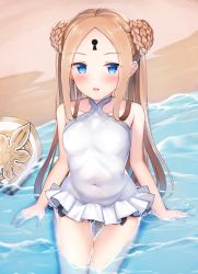 Rule 34 | 1girl, abigail williams (fate), abigail williams (swimsuit foreigner) (fate), abigail williams (swimsuit foreigner) (second ascension) (fate), absurdres, bare shoulders, benedia, black bow, blonde hair, blue eyes, blush, bow, braid, braided bun, breasts, double bun, dress swimsuit, fate/grand order, fate (series), forehead, hair bun, hat, highres, long hair, looking at viewer, mitre, multiple bows, one-piece swimsuit, open mouth, orange bow, parted bangs, sidelocks, small breasts, smile, swimsuit, twintails, unworn hat, unworn headwear, very long hair, white headwear, white one-piece swimsuit