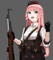 Rule 34 | 1girl, absurdres, aqua eyes, belt, black gloves, buckle, earrings, garrison cap, girls&#039; frontline, gloves, grey background, gun, hammer and sickle, hat, highres, holding, holding gun, holding weapon, jewelry, long hair, looking at viewer, open mouth, pink hair, pouch, rampart1028, rifle, simonov (girls&#039; frontline), sks, smile, solo, star (symbol), star earrings, upper body, weapon