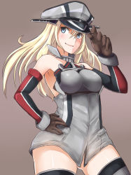 Rule 34 | 10s, 1girl, antennae, armpits, bare shoulders, bismarck (kancolle), black thighhighs, blue eyes, breasts, brown gloves, detached sleeves, gloves, grey background, hand on headwear, hand on own hip, hat, highres, kantai collection, kz (kazuma-rising), large breasts, long hair, looking at viewer, naked shirt, personification, sailor hat, shirt, simple background, smirk, solo, thighhighs, zettai ryouiki