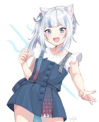 Rule 34 | 1girl, animal ears, bag, blue dress, blue eyes, blue hair, cat ears, cckali, commentary, cowboy shot, cube hair ornament, dress, english commentary, fins, fish tail, gawr gura, gawr gura (casual), grey hair, hair ornament, handbag, highres, hololive, hololive english, multicolored hair, official alternate costume, open mouth, shark girl, shark tail, sharp teeth, side ponytail, simple background, sleeveless, smile, solo, streaked hair, tail, teeth, virtual youtuber, white background