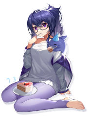 Rule 34 | 1girl, absurdres, blue hair, blush, breasts, cake, cake slice, chinese commentary, commentary request, dated, eating, feet, food, food on face, full body, glasses, hair between eyes, hand up, highres, holding, jacket, leggings, long hair, long sleeves, looking at viewer, medium breasts, mo ying yu, off shoulder, open clothes, open jacket, original, plate, ponytail, purple eyes, purple leggings, simple background, sitting, solo, stirrup legwear, sweater, thick eyebrows, toeless legwear, utensil in mouth, wariza, white background, white sweater