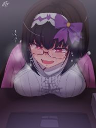 Rule 34 | 1girl, bad id, bad pixiv id, bat (animal), black hair, blush, breasts, commentary request, computer, fate/grand order, fate (series), hairband, heart, heart-shaped pupils, highres, laptop, large breasts, long hair, low twintails, osakabehime (fate), purple eyes, ramchi, smile, solo, symbol-shaped pupils, translation request, twintails