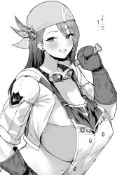 Rule 34 | 1girl, absurdres, apron, bandana, blush, braid, breasts, cleavage, covered erect nipples, crop top, gloves, goggles, goggles around neck, greyscale, hair between eyes, highres, holding, hotate-chan, huge breasts, long hair, looking at viewer, minayle (monster hunter), monochrome, monster hunter (series), monster hunter rise, short sleeves, side braid, simple background, solo, translation request, upper body
