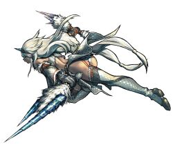 Rule 34 | 1girl, armor, armored boots, artist request, ass, bikini armor, black gloves, black thighhighs, blue eyes, boots, buruma, capcom, commentary, dark-skinned female, dark skin, detached sleeves, dual wielding, english commentary, fake horns, from behind, fur trim, gloves, grey hair, highres, holding, horns, kirin (armor), long hair, armored boots, monster hunter (series), official art, short sword, single horn, solo, stirrup legwear, sword, thigh boots, thighhighs, thighhighs under boots, third-party source, toeless legwear, transparent background, weapon