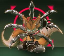 Rule 34 | 1boy, alternate universe, angry, animal ears, animal nose, black footwear, black gloves, blue eyes, boots, claws, clenched teeth, fox, fox ears, fox tail, furry, furry male, gloves, glowing, glowing eyes, highres, kitsune, looking at viewer, mechanical tail, mlzmicha3l, multiple tails, nine (sonic), solo, sonic (series), sonic prime, tail, tails (sonic), teeth, yellow fur