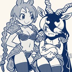 Rule 34 | 2girls, animal ears, antelope ears, antelope horns, arm behind back, armor, beads, bikini armor, blackbuck (kemono friends), blush, braid, braided ponytail, breasts, c:, cape, cleavage, closed mouth, cosplay, covering privates, covering breasts, earrings, embarrassed, facial mark, forehead mark, hair beads, hair ornament, hair over one eye, hand on another&#039;s shoulder, hands up, highres, horizontal pupils, horns, inada roku, indian rhinoceros (kemono friends), indian rhinoceros (kemono friends) (cosplay), jewelry, kemono friends, kemono friends 3, long bangs, long braid, long hair, looking at another, medium hair, monochrome, multicolored hair, multiple girls, navel, neck ring, revealing clothes, rhinoceros ears, rhinoceros girl, shoulder armor, single braid, smile, stomach, sweat, swept bangs, tail, tan, thighhighs, two-tone hair, very long hair, wavy mouth