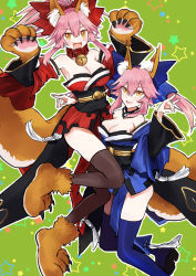 Rule 34 | 2girls, animal ear fluff, animal ears, animal hands, bare shoulders, bell, black legwear, blue kimono, blue ribbon, blue thighhighs, blush stickers, breasts, cat paws, cleavage, collar, commentary, commentary request, detached sleeves, dual persona, fang, fangs, fate/extra, fate/grand order, fate (series), fox ears, fox girl, fox shadow puppet, fox tail, gloves, hair ribbon, japanese clothes, jingle bell, kimono, large breasts, long hair, merokonbu0, multiple girls, neck bell, open mouth, paw gloves, paw shoes, pink hair, ponytail, red ribbon, ribbon, shoes, tail, tamamo (fate), tamamo cat (fate), tamamo cat (first ascension) (fate), tamamo no mae (fate/extra), thighhighs, yellow eyes