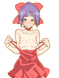 Rule 34 | 1girl, blush, bow, breasts, breasts apart, chiwa (fcwv5738), choker, cowboy shot, dress, facing viewer, fang, fang out, female focus, gegege no kitarou, gegege no kitarou 6, hair bow, highres, looking at viewer, nekomusume, nekomusume (gegege no kitarou 6), nipples, no bra, pointy ears, ponytail, purple hair, red bow, red choker, red dress, short dress, simple background, skin fang, sleeveless, sleeveless dress, small areolae, small breasts, small nipples, smile, solo, standing, undressing, white background, yellow eyes