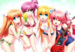 Rule 34 | 10s, 4girls, :d, ;d, angel beats!, bikini, blonde hair, blue eyes, blue one-piece swimsuit, charlotte (anime), company connection, crossover, denim, denim shorts, electric guitar, fang, green bikini, guitar, hair bobbles, hair ornament, halterneck, instrument, key (company), little busters!, long hair, multiple girls, nishimori yusa, old school swimsuit, one-piece swimsuit, one eye closed, ootori chihaya, open mouth, orange hair, parfait, pink hair, purple hair, red eyes, rewrite, saigusa haruka, school swimsuit, shorts, side-tie bikini bottom, side ponytail, smile, striped bikini, striped clothes, swimsuit, tongue, tongue out, two side up, water gun, yui (angel beats!), zen