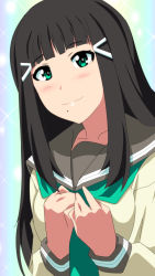 Rule 34 | 1girl, aqua eyes, artist name, artist request, black hair, blush, breasts, clenched hands, collarbone, doki2sdale, female focus, green eyes, green neckwear, hair ornament, hairclip, highres, kurosawa dia, long hair, long sleeves, looking at viewer, love live!, love live! sunshine!!, medium breasts, mole, mole under mouth, neckerchief, necktie, neckwear request, parted lips, sailor collar, school uniform, shirt, smile, solo, sparkle, spudere (doki2sdale), upper body, uranohoshi school uniform, white shirt