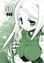 Rule 34 | 1girl, armor, atlus, blush, breasts, cleavage, cover, cover page, covered erect nipples, etrian odyssey, gauntlets, grabbing, grabbing another&#039;s breast, grabbing own breast, green theme, hirowa nagi, impossible clothes, impossible shirt, large breasts, long hair, looking at viewer, monochrome, naughty face, paladin, paladin (sekaiju), paladin 2 (sekaiju), shirt, sidelocks, smile, solo, striped, swept bangs, turtleneck, upper body