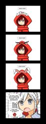 Rule 34 | &gt; &lt;, 2girls, 4koma, animal ears, cat ears, cloak, closed eyes, comic, cosplay, emphasis lines, english text, highres, hood, hooded cloak, lunarisaileron, multiple girls, rabbit ears, ruby rose, rwby, simple background, upper body, weiss schnee, white background