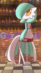 Rule 34 | 1girl, alternate color, backlighting, bar (place), blue hair, blue skin, bob cut, bottle, character name, closed mouth, colored skin, creatures (company), dot mouth, english text, female focus, from behind, full body, game freak, gardevoir, gen 3 pokemon, hair over one eye, heart, highres, indoors, looking at viewer, looking back, multicolored skin, neon lights, nintendo, on stool, one eye covered, orange eyes, pokemon, pokemon (creature), shiny pokemon, short hair, sitting, solo, tile floor, tiles, two-tone skin, white skin, yuri (fl0werspace)