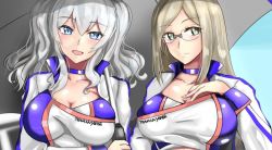 Rule 34 | 2girls, alternate costume, alternate hairstyle, blue eyes, breasts, brown hair, cleavage, commentary request, glasses, green eyes, jacket, kantai collection, kashima (kancolle), katori (kancolle), ken (shutenndouji1), large breasts, multiple girls, race queen, sidelocks, silver hair, twintails, upper body, wavy hair, white jacket