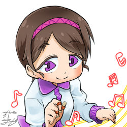 Rule 34 | 1girl, profile picture, beamed eighth notes, beamed sixteenth notes, brown hair, chamaji, collared shirt, commentary, eighth note, hairband, headband, long sleeves, looking at viewer, lowres, musical note, plectrum, purple hairband, shirt, short hair, signature, sixteenth note, smile, solo, staff (music), striped headband, touhou, tsukumo yatsuhashi, upper body, white background