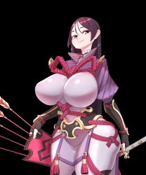 Rule 34 | 1girl, absurdres, arm guards, armlet, armor, black gloves, bodysuit, breasts, curvy, fate/grand order, fate (series), fingerless gloves, gloves, highres, huge breasts, japanese armor, katana, kote, loincloth, long hair, low-tied long hair, minamoto no raikou (fate), parted bangs, purple bodysuit, purple eyes, purple hair, quiver, ribbed sleeves, rope, solo, sword, very long hair, weapon, yabby