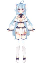 Rule 34 | 1girl, ahoge, animal ear fluff, animal ears, bare shoulders, blue eyes, blue hair, breasts, brooch, cat ears, cleavage, crop top, detached collar, detached sleeves, frills, full body, highres, indie virtual youtuber, jewelry, kanase ito, large breasts, long hair, long sleeves, looking at viewer, midriff, miniskirt, mole, mole on breast, navel, nekomugiharu, pleated skirt, revealing clothes, shirt, shoes, side slit, simple background, skirt, solo, spaghetti strap, stomach, thigh strap, thighhighs, thighs, very long hair, virtual youtuber, white background, white footwear, white shirt, white skirt, white thighhighs, wide sleeves, zettai ryouiki