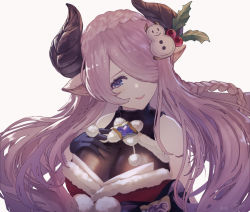 Rule 34 | 1girl, :d, bad id, bad pixiv id, bare shoulders, black bow, black gloves, blue eyes, blush, bodystocking, bow, braid, breasts, cleavage, draph, fur trim, gloves, granblue fantasy, hair over one eye, hand on own chest, horns, large breasts, minyom, narmaya (granblue fantasy), narmaya (holiday) (granblue fantasy), open mouth, pink hair, pointy ears, pom pom (clothes), signature, simple background, smile, snowman hair ornament, solo, upper body, white background