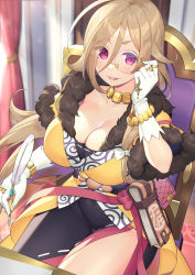 Rule 34 | 1girl, ahoge, artist request, bad id, bad pixiv id, blonde hair, book, bracelet, breasts, cleavage, creditta (princess connect!), fur trim, gloves, highres, jewelry, large breasts, long hair, looking at viewer, monocle, necklace, princess connect!, purple eyes, quill, ring, solo, thick eyebrows, very long hair