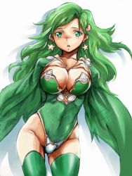 Rule 34 | 1990s (style), 1girl, blush, breasts, cleavage, earrings, final fantasy, final fantasy iv, green eyes, green hair, hekeniko, jewelry, large breasts, leotard, long hair, matching hair/eyes, aged up, rydia (ff4), solo, thighhighs