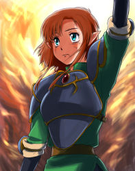 Rule 34 | 1girl, arm up, armor, blue eyes, brown hair, dragon saber, expressionless, knight, maabou, orange background, pointy ears, short hair, siria (dragon saber), solo, warrior