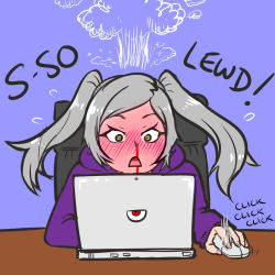 Rule 34 | 1girl, akairiot, bad id, bad tumblr id, blood, blush, brown eyes, casual, commentary, computer, fire emblem, fire emblem awakening, full-face blush, hood, hood down, hoodie, kirby (series), laptop, long hair, mouse (computer), nintendo, nosebleed, robin (female) (fire emblem), robin (fire emblem), silver hair, simple background, solo, twintails, zero (kirby), zero two (kirby)