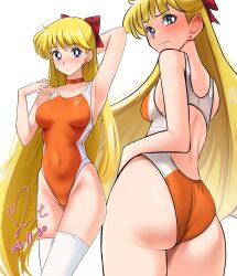 Rule 34 | 1girl, absurdres, aino minako, ass, bishoujo senshi sailor moon, blonde hair, blue eyes, bow, breasts, choker, commentary request, commission, competition swimsuit, covered navel, dated, earrings, hair bow, half updo, highleg, highleg swimsuit, highres, jewelry, long hair, looking back, multiple views, one-piece swimsuit, orange choker, orange one-piece swimsuit, pixiv commission, signature, small breasts, swimsuit, thighhighs, two-tone swimsuit, venus symbol, white thighhighs, yoo tenchi