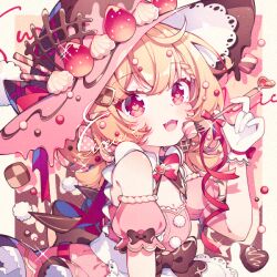 Rule 34 | 1girl, blonde hair, blush, bow, dress, fang, food, fork, gloves, hat, heart, heart-shaped pupils, holding, hyou (pixiv3677917), looking at viewer, open mouth, original, red eyes, short sleeves, smile, solo, symbol-shaped pupils, witch, witch hat