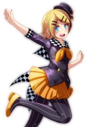 Rule 34 | 1girl, absurdres, bad id, bad pixiv id, black pantyhose, blonde hair, blue eyes, capelet, checkered cape, hat, highres, kagamine rin, nail polish, pantyhose, project diva (series), ribbon, short hair, smile, solo, standing, standing on one leg, striped clothes, striped pantyhose, tsukishiro saika, vertical-striped clothes, vertical-striped pantyhose, vocaloid, white background, yellow footwear, yellow nails, yellow ribbon