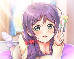 Rule 34 | 1girl, artist name, artist request, blush, bow, breasts, card, cleavage, collarbone, feet, female focus, green eyes, hair bow, holding, holding card, hood, hood down, hooded sweater, light brown sweater, long hair, long sleeves, looking at viewer, love live!, love live! school idol festival, love live! school idol project, medium breasts, pajamas, parted lips, ponyagii, purple hair, purple pajamas, red bow, smile, solo, striped legwear, sweater, tojo nozomi, twintails