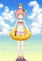 Rule 34 | 1girl, animal, animal on head, beach, bird, breasts, cloud, cloudy sky, collarbone, commentary request, day, double bun, flower, full body, green eyes, hair bun, hair flower, hair ornament, hat, indie virtual youtuber, innertube, looking at viewer, minamura haruki, navel, ocean, on head, open mouth, original, owl, pink hair, sandals, short hair, sky, small breasts, solo, standing, straw hat, sunflower, sunflower hair ornament, swim ring, swimsuit, virtual youtuber