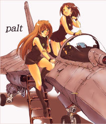 Rule 34 | 2girls, aircraft, airplane, bare shoulders, black dress, black eyes, black hair, boots, brown hair, dress, earrings, highres, jewelry, ladder, long hair, military, moriguchi nao (naonao), multiple girls, naonao77, one eye closed, open mouth, original, short dress, short hair, vehicle focus, wink, wristband