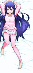 Rule 34 | 1girl, absurdres, arms up, barefoot, bed, blue hair, brown eyes, fairy tail, feet, highres, long hair, long legs, looking at viewer, lying, on back, pajamas, scrunchie, smile, solo, striped clothes, striped sweater, sweater, toes, very long hair, wendy marvell, wrist scrunchie