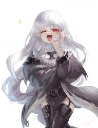 Rule 34 | 1girl, :d, arknights, belt, black belt, black capelet, black dress, blue nails, capelet, commentary request, dress, garter straps, hand on own cheek, hand on own face, happy, highres, long hair, long sleeves, looking at viewer, myluche, nail polish, one eye closed, open mouth, red eyes, signature, silver hair, smile, solo, specter (arknights), star (symbol), thighhighs, turtleneck, very long hair