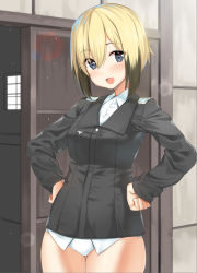 Rule 34 | 1girl, b-ginga, black hair, blonde hair, blue eyes, blush, commentary request, erica hartmann, hands on own hips, long sleeves, looking at viewer, military, military uniform, multicolored hair, no pants, open mouth, panties, short hair, smile, solo, standing, strike witches, two-tone hair, underwear, uniform, white panties, wide hips, world witches series