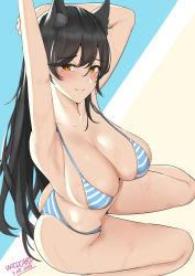 Rule 34 | 1girl, 2021, animal ear fluff, arms up, artist name, ass, atago (azur lane), azur lane, bikini, black hair, blue background, blue bikini, breasts, cleavage, highres, large breasts, long hair, simple background, smile, string bikini, striped bikini, striped clothes, swimsuit, two-tone background, wild card, yellow background, yellow eyes
