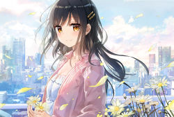 Rule 34 | 1girl, black hair, blue sky, blush, brown eyes, cityscape, closed mouth, cloud, cloudy sky, collarbone, commentary request, day, dress, flower, from side, fuumi (radial engine), hair between eyes, hair ornament, hairclip, holding, holding flower, jacket, long hair, open clothes, open jacket, original, outdoors, petals, pink jacket, railing, sky, smile, solo, white dress, white flower