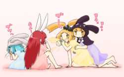 Rule 34 | &gt; &lt;, 4girls, all fours, animal ears, animal hood, aqua hair, barefoot, blonde hair, blush, bottle, character request, cheek bulge, chibi, closed eyes, covering own mouth, eyebrows, fake animal ears, fruit milk, full body, hair ornament, hairband, holding, hood, kneeling, long hair, motion lines, multiple girls, nightgown, rabbit ears, rabbit hair ornament, rabbit hood, red hair, see-through silhouette, senkou no ronde, serizawa enono, short sleeves, sitting, spit take, spitting, tears, translation request, triangle mouth, twintails, yellow eyes