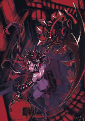 Rule 34 | back, bare shoulders, blurry, blurry background, dated, demon girl, detached sleeves, floating hair, holding, holding scythe, holding weapon, horns, huge weapon, indoors, long hair, monochrome, original, rabbit monster, red eyes, red theme, scythe, weapon, window