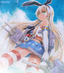 Rule 34 | 10s, 1girl, blonde hair, elbow gloves, from below, gloves, green eyes, kantai collection, long hair, mayo riyo, personification, rensouhou-chan, sailor collar, shimakaze (kancolle), skirt, solo, striped clothes, striped thighhighs, thighhighs, thong, traditional media, underwear, white gloves